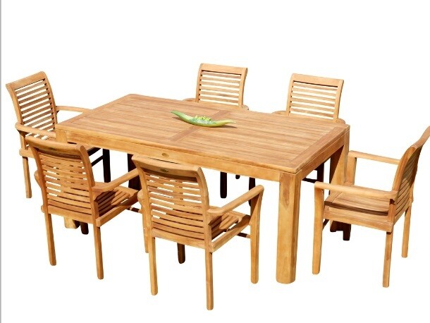 TEAK SET vrtna garnitura VELIKA NOGA - miza 180 x 90 cm + 6 x zložljivi stoli z nasloni za roke