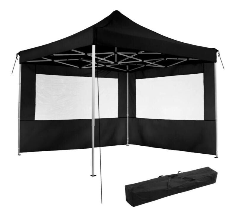 Zložljivi gazebo 3 x 3 m - 2 stranici - ČRN ali BEL