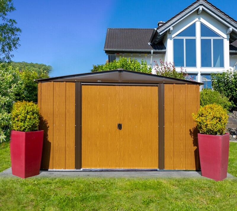 Kovinska vrtna hiška-uta-lopa 7,5 m² - 2,42m x 3,13m - RJAVA-VIDEZ LESA