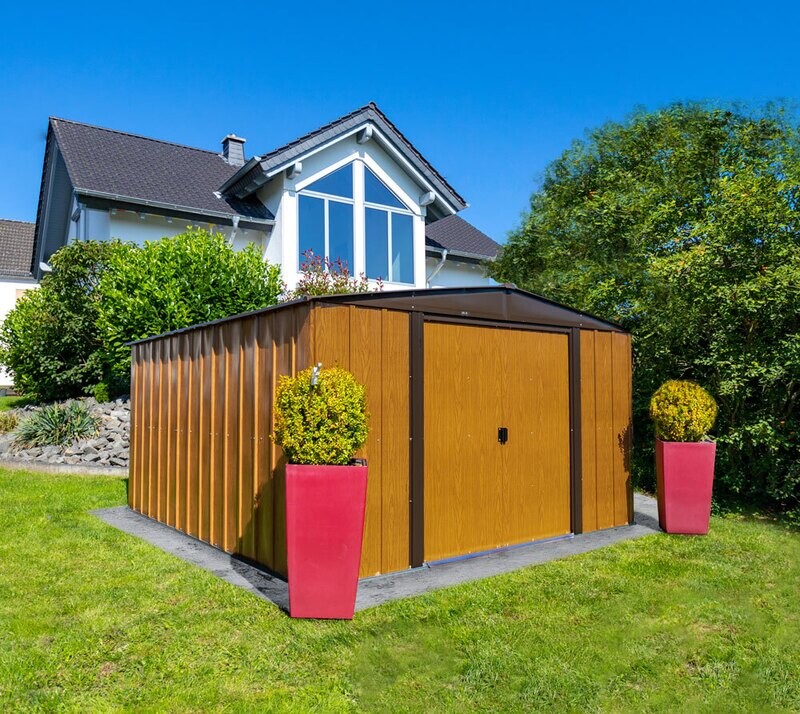 Kovinska vrtna hiška-uta-lopa 11,5 m² - 3,70m x 3,13m - RJAVA-VIDEZ LESA