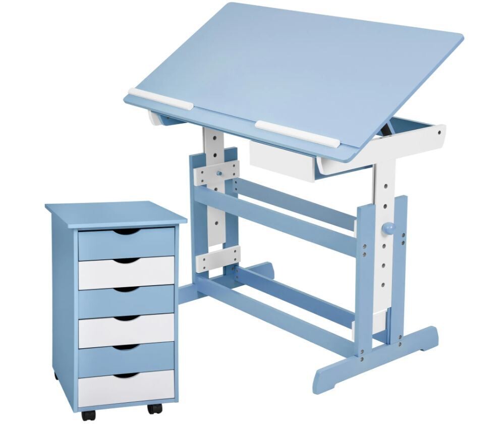 Otroška pisalna miza + predalnik – nastavitev kota in višine - nagibna, Barva: Modra