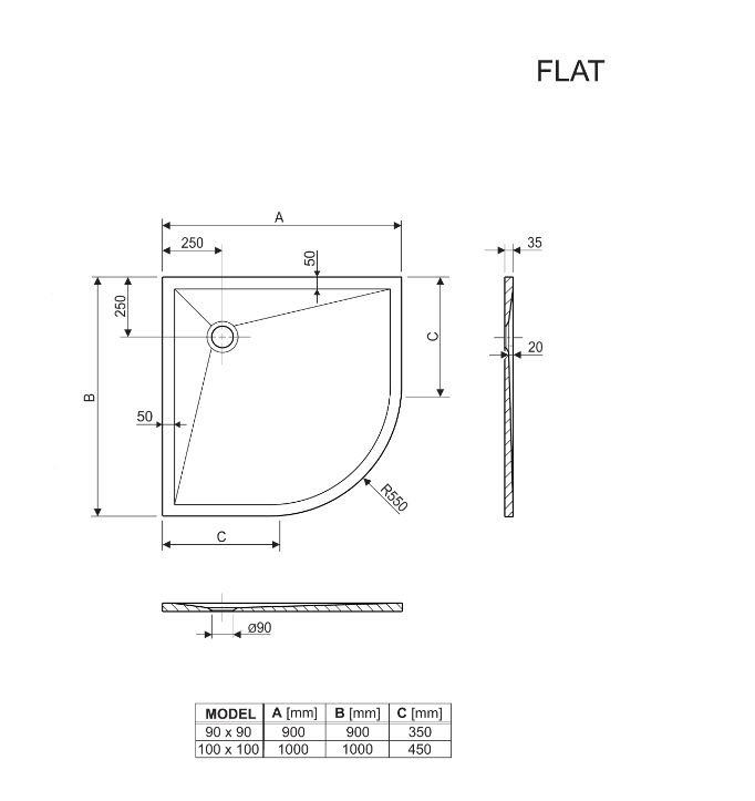 Aquaestil tuš kad Flat 90 polkrožna, črni sijaj