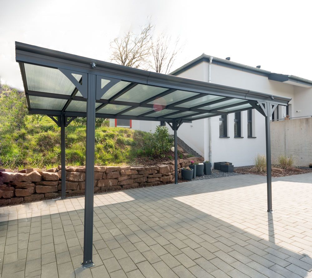Nadstrešek za avto z ravno streho iz aluminija Helsinki 15,34 m² - 5,03 x 3,05 x 2,32 m - ANTRACIT