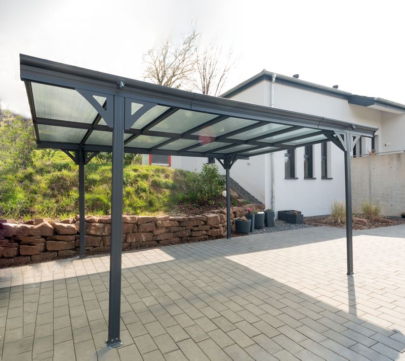 Nadstrešek za avto z ravno streho iz aluminija Helsinki 15,34 m² - 5,03 x 3,05 x 2,32 m - ANTRACIT
