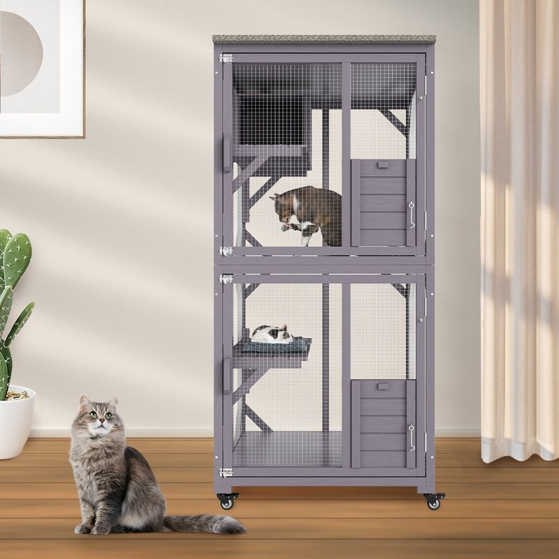 Mačja kletka 760 x 865 x 1630 mm s 3 nadstropji in ogrado z 1 vrati