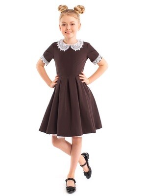 Платье школьное "Полинка" короткий рукав коричневое