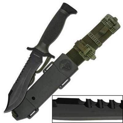 12" Black Survival Bowie Knife With ABS Sheath | Reverse Double Serration