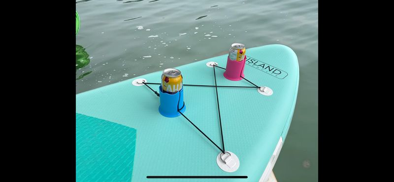 Two cup holders for inflatable SUP or Island Pad, Pink and Blue, on SUP 