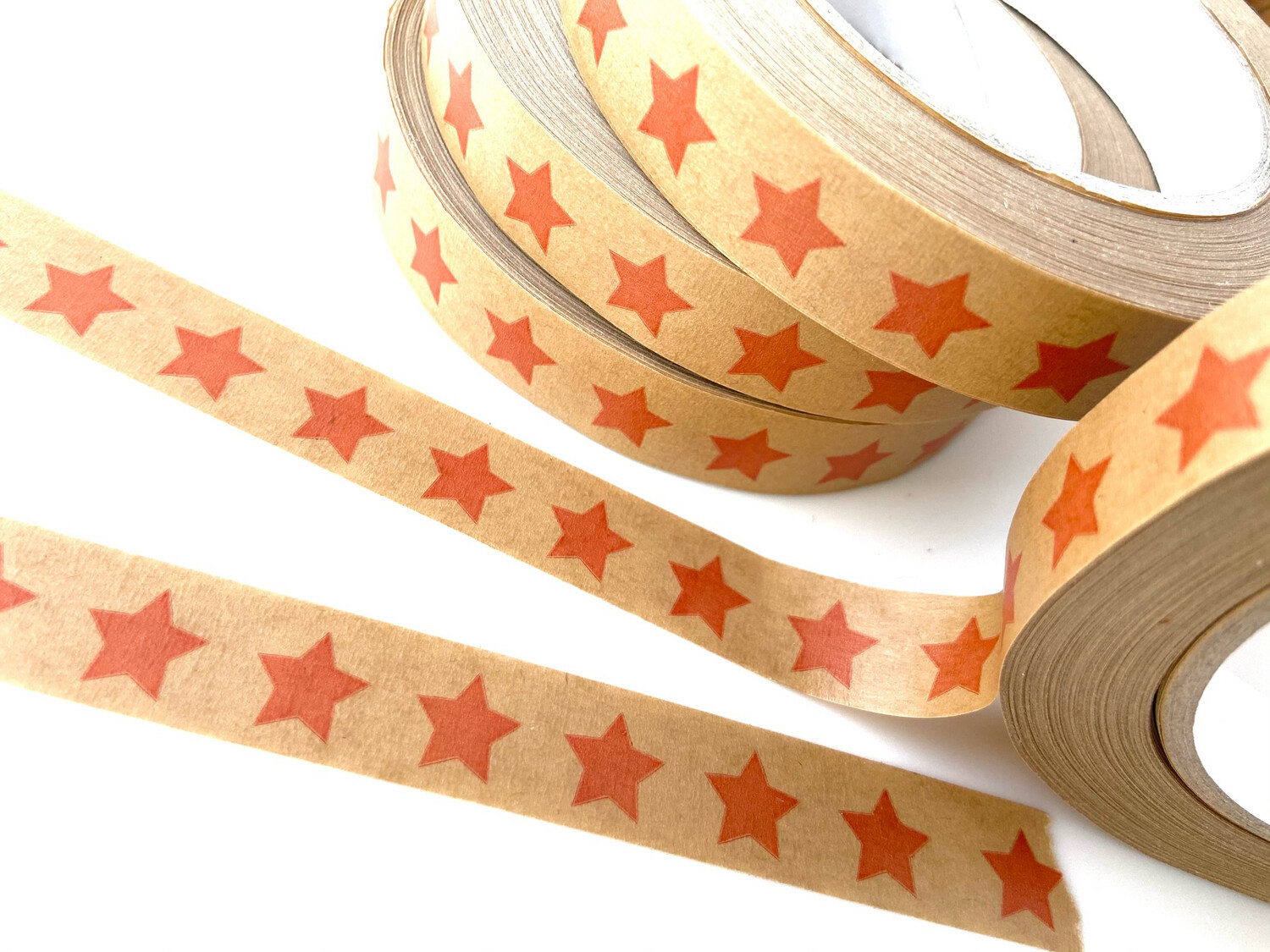 Red Stars - NATURALLY WRAPT Brown Paper Tape 18mm