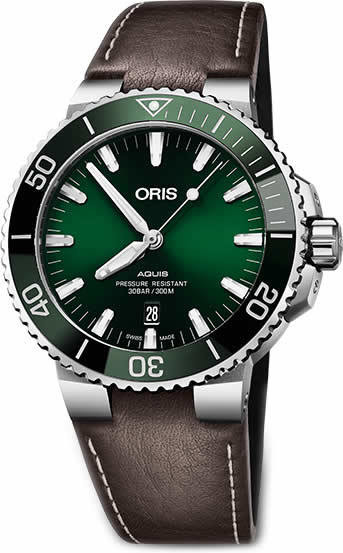 Oris Aquis Date Green Dial on Leather Strap