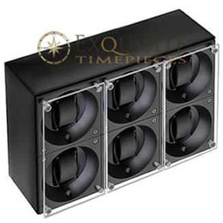 Swiss Kubik Watch Winder Sextuple Black Calf Leather Window Protect