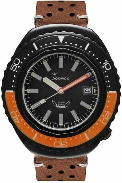 Squale 2002 Black Dial Brown Leather Strap B0834-02 2002.PVD.BKO.BK.PTS