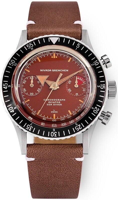Nivada Grenchen 85007M14 Broad Arrow Tropical Dial Manual on Brown Strap