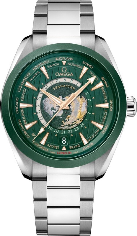 Omega 220.30.43.22.10.001 Seamaster Aqua Terra 150M Worldtimer 43mm Green Ceramic on Bracelet