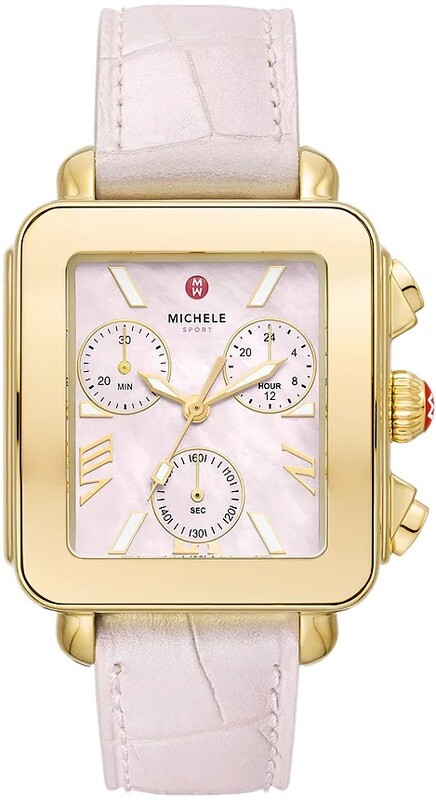Michele Deco Sport Chronograph Gold-Plated Pink Leather Watch MWW06K000068
