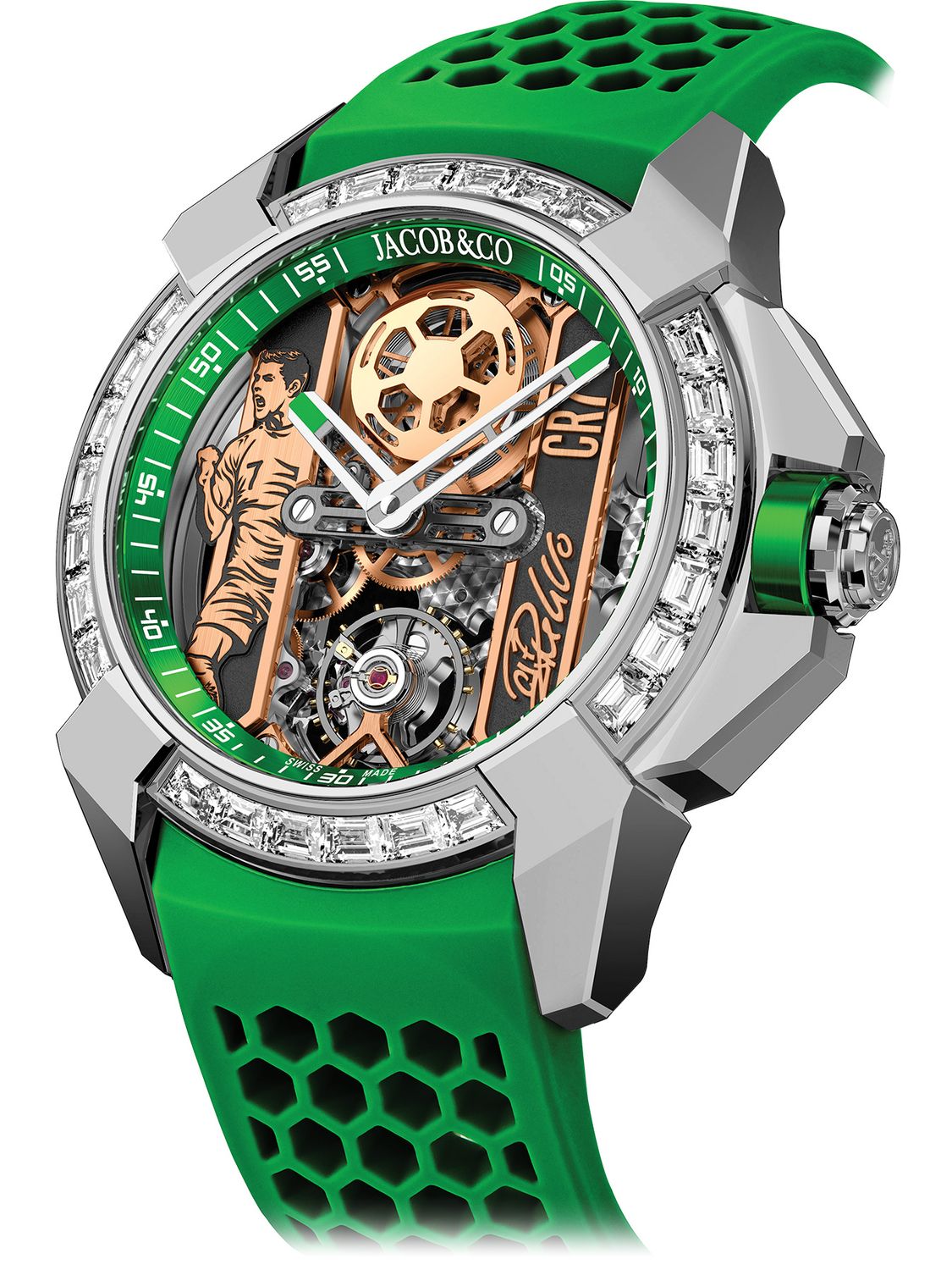 Jacob Co. Epic X CR7 Heart of CR7 Stainless Steel Baguette Green on Strap Exquisite Timepieces