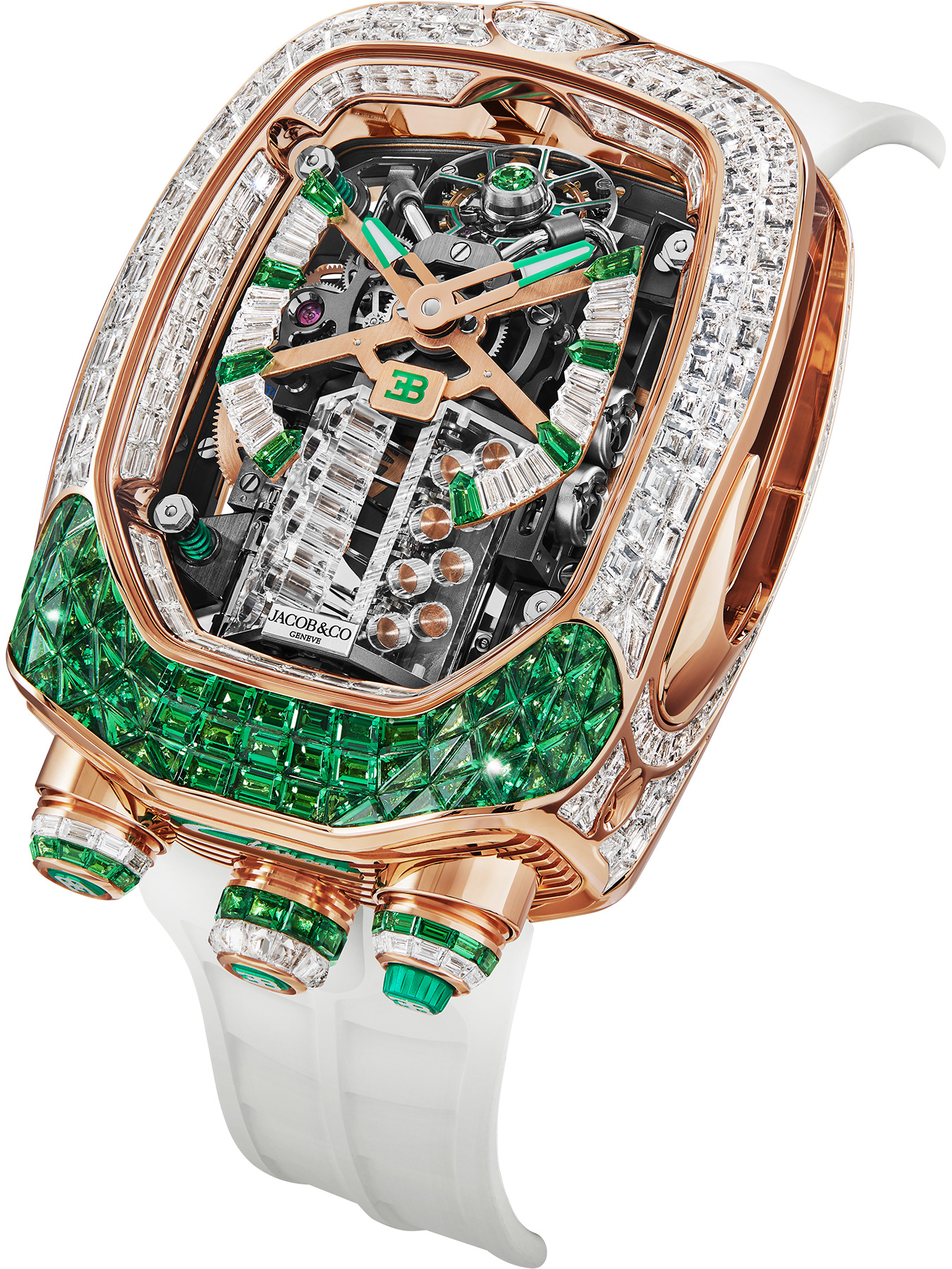 Jacob Co. Bugatti Chiron Tourbillon Baguette Diamonds Tsavorites Rose Gold on Strap Exquisite Timepieces