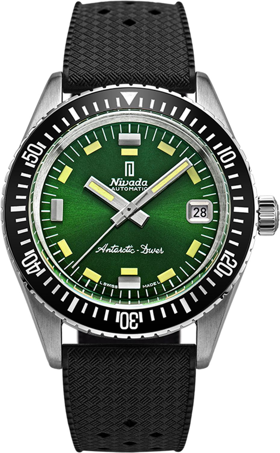 Nivada Grenchen 32053A01 Antarctic Diver Green Date on Rubber Tropic