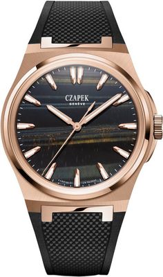 Czapek Antarctique Mount Erebus Rose Gold Falcon Eye on Rubber Strap