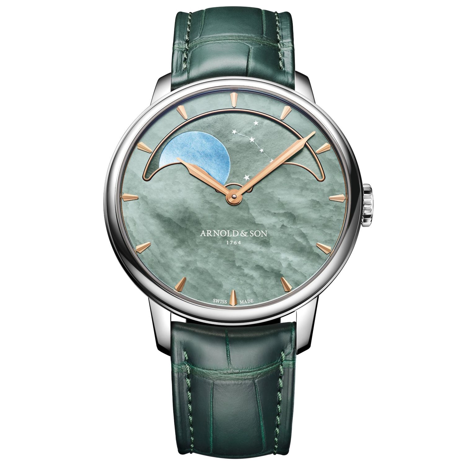 SQUIDMANIA 703 HALF MOON MX BORON （MMH) Arnold & Son HM Perpetual Moon Steel 41.5 Green Dial Green Mop