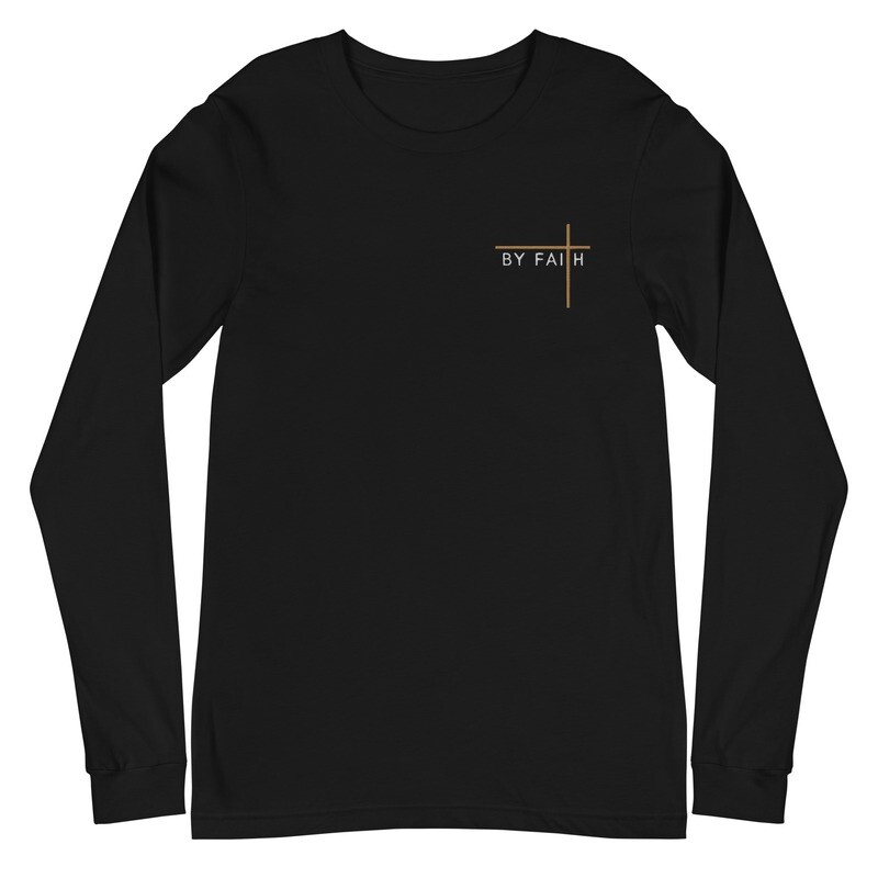 By Faith Embroidered Long Sleeve Tee - White text