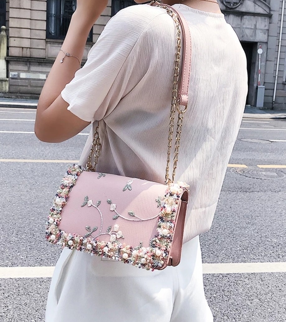Florist gold clutch baby pink leather bag