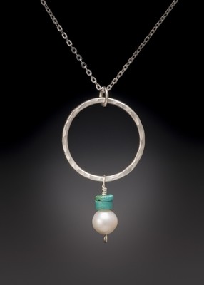 White Freshwater Pearl and Turquoise Heishi Bead on Large Hoop Pendant