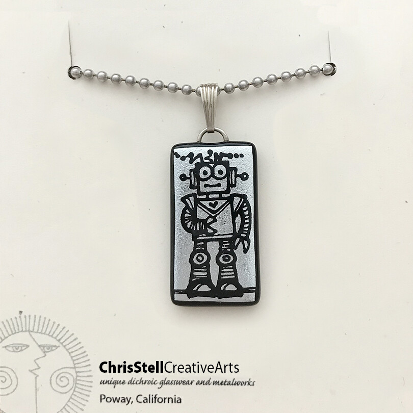 Etched Reversible Robot Dichroic Glass Pendant Etched Reversible Robot Dichroic Glass Pendant