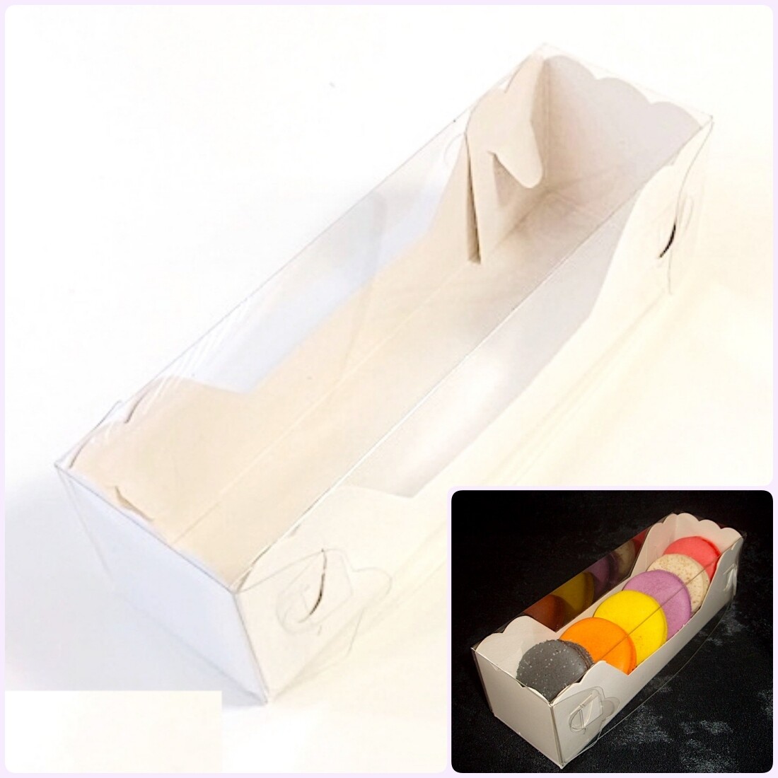 Коробка с прозрачной крышкой 18•6•6 см Белая (макарон, крышка+дно) упак. 5-25 шт