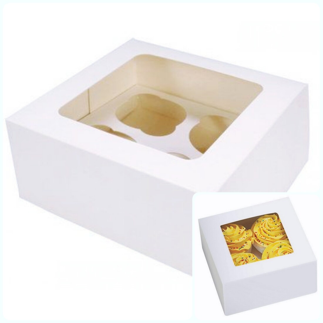 Коробка с окном для 4 капкейков 16*16*10 cм | Белая