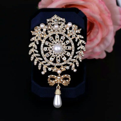 baiduqiandu Large Size Silver / Gold Color Plated Clear Crystal Rhinestones Bow Drop Brooch Pins Jewelry Gifts for Women