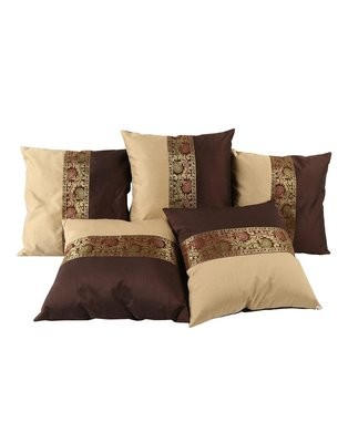 Brocade and Polyester Decorative Cushion Covers with Floral Lace Set Of 5 Pcs (16x16 inches)