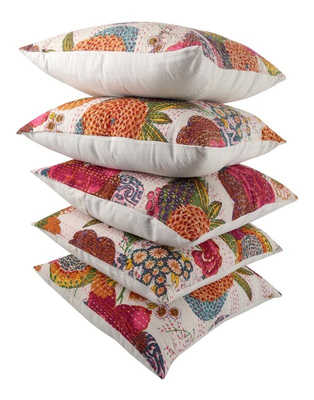 Cotton Handmade Kantha Vintage Pillow Shams Cushion Cover, White and Pink-Set of 5