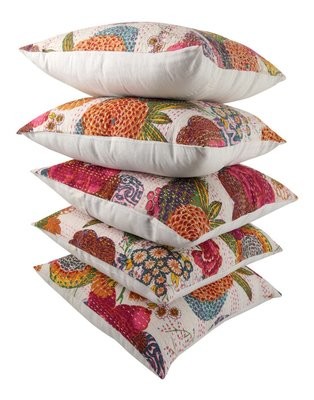 Cotton Handmade Kantha Vintage Pillow Shams Cushion Cover, White and Pink-Set of 5