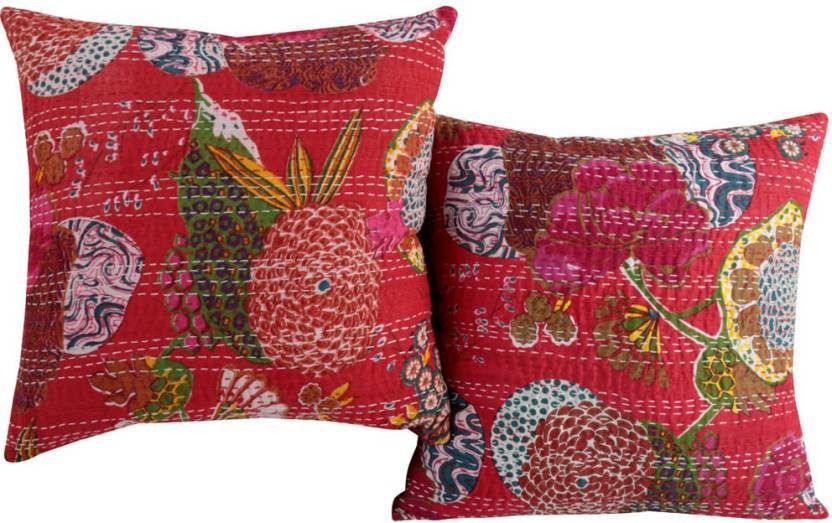 Cotton Handmade Kantha Vintage Pillow Shams Cushion Cover, Red Color-Set of 5