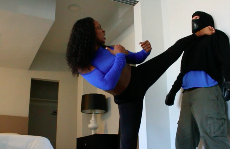 Armed Intruder Barefoot Beatdown !!! Eboni gets revenge by lurring an intruder to her house . She beats him down with her strong barefoot kicks, choke holds and self defense. Short Clip 