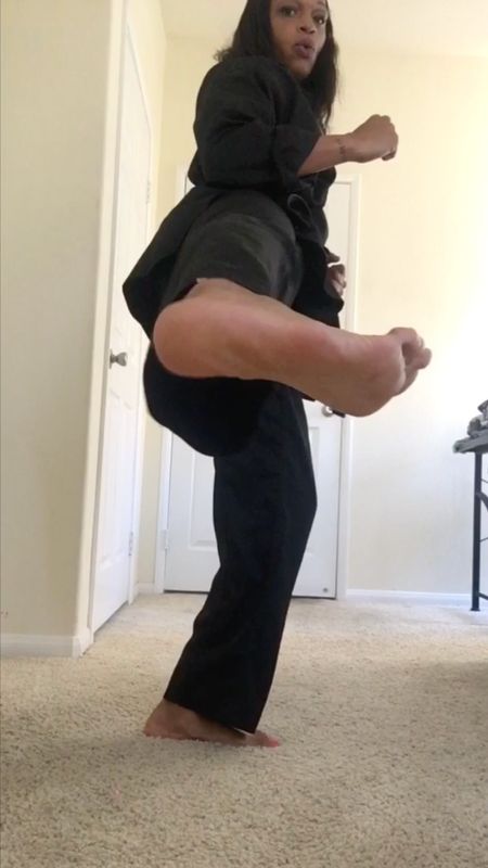 SLOW MOTION EXECUTION BAREFOOT KICKS &amp; STOMPS BLACK GI PINK TOES 12min