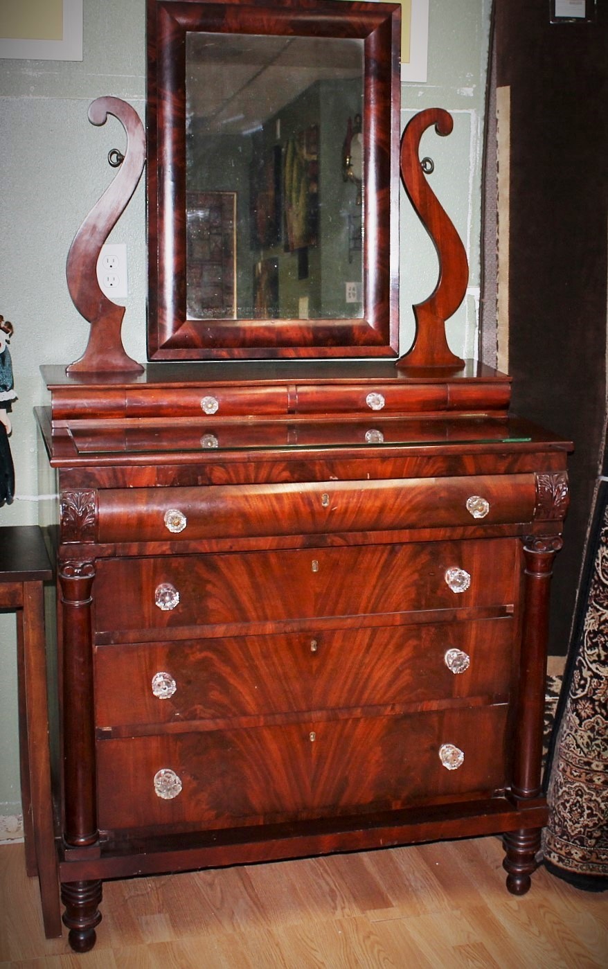 Antique American Empire Mahogany Dresser w/ Harp Vanity Mirror & Crystal Knobs