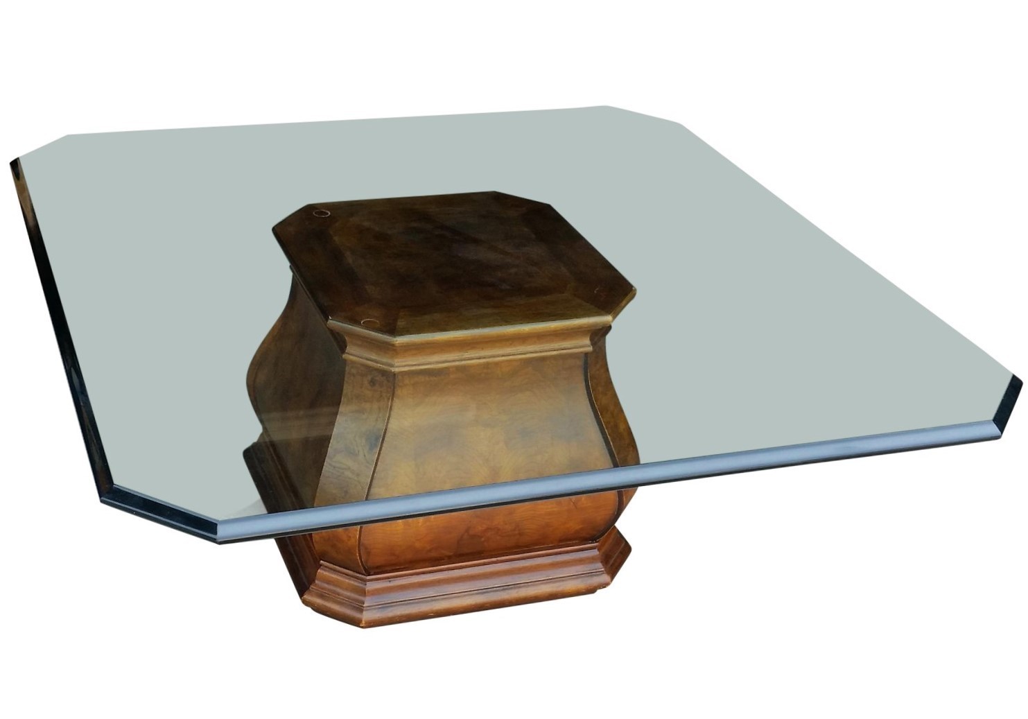 Henredon Burled Walnut Pedestal Square Beveled Glass Top Coffee Table