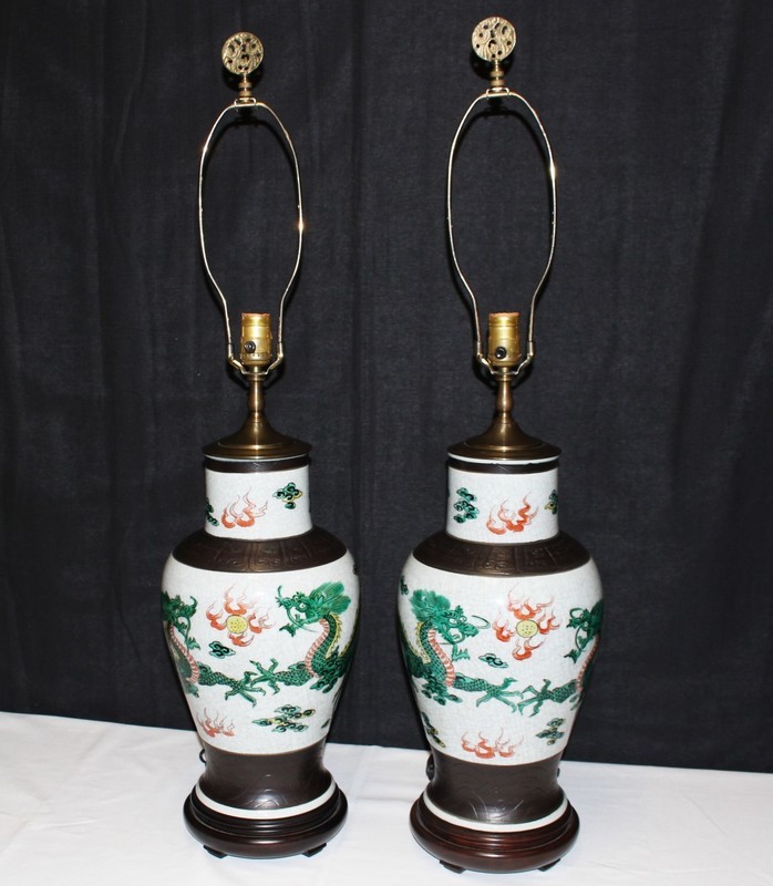 Vintage Pair of Chinese Hand Painted Dragon and Flames 36&quot; Electric Vase Lamps