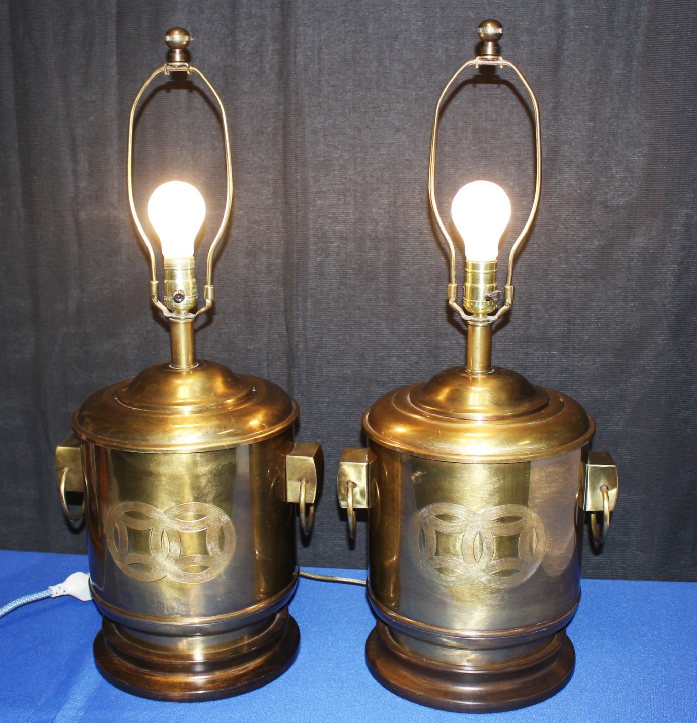 Pair of Original Frederick Cooper Vintage Asian Solid Brass Canister Lamps