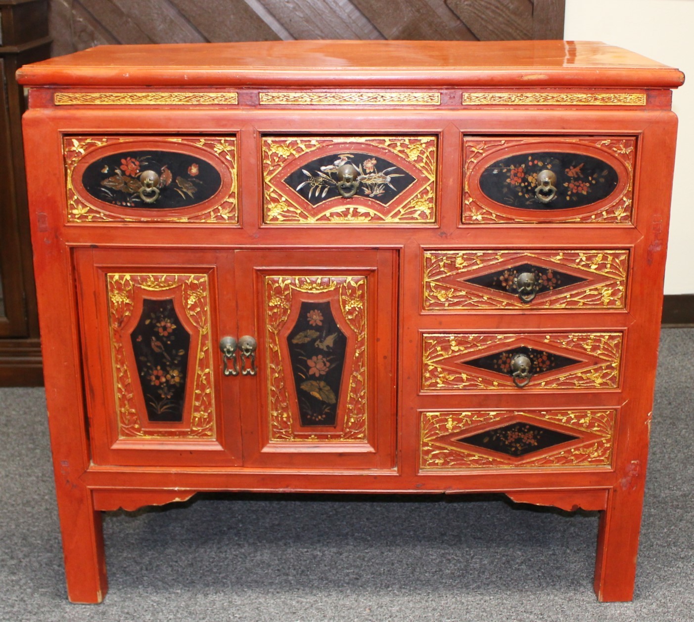Chinese Lacquered and Gilded Solid Wood Storage 2-Door Cabinet with 5 Drawers