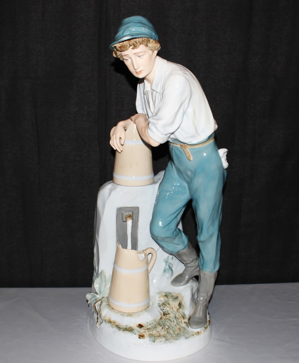 Royal Dux 1940s Porcelain Bohemia 24 Inch Boy at Water Fountain Statue