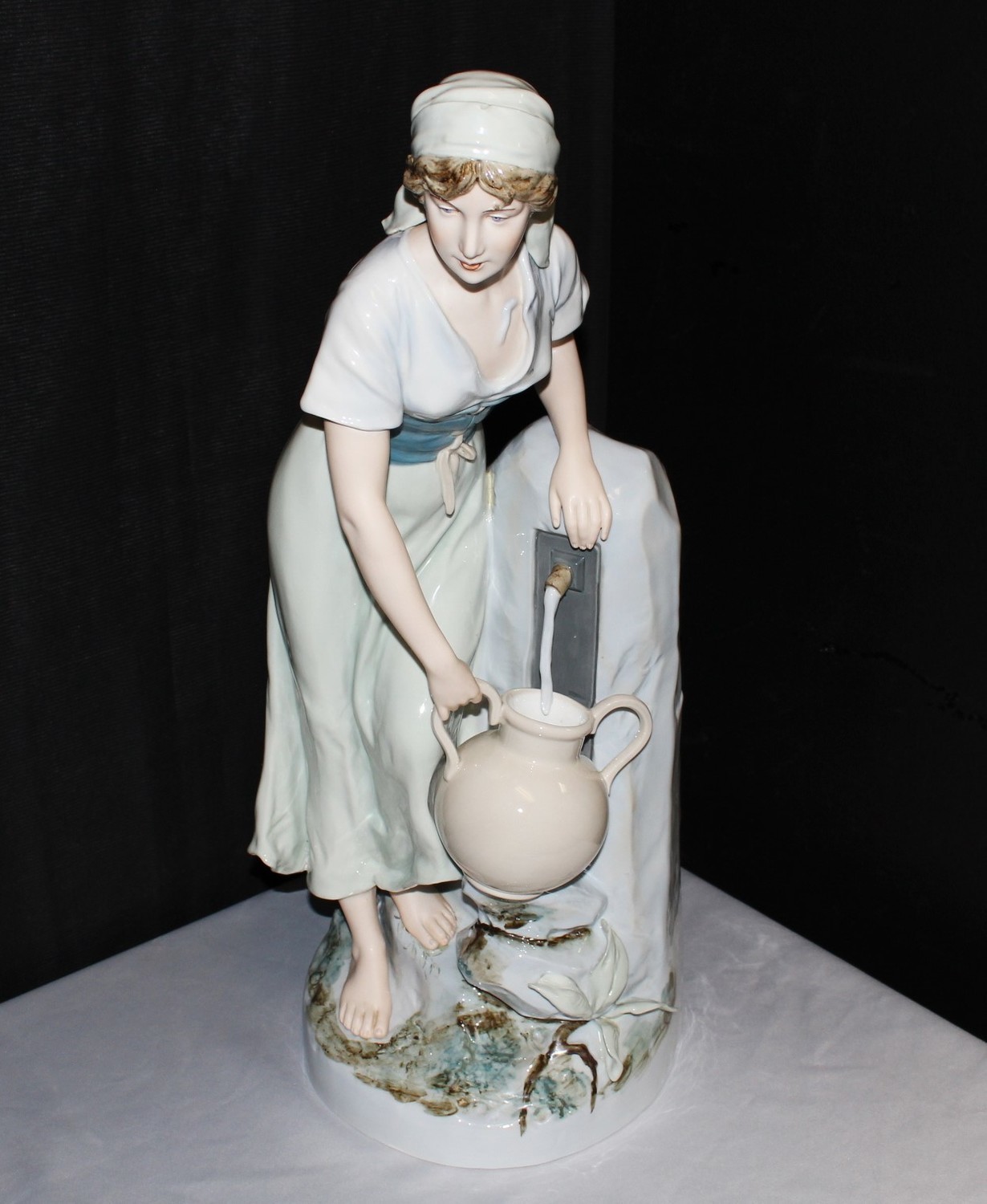 Royal Dux 1940s Porcelain Bohemia 24 Inch Girl at Water Fountain Statue