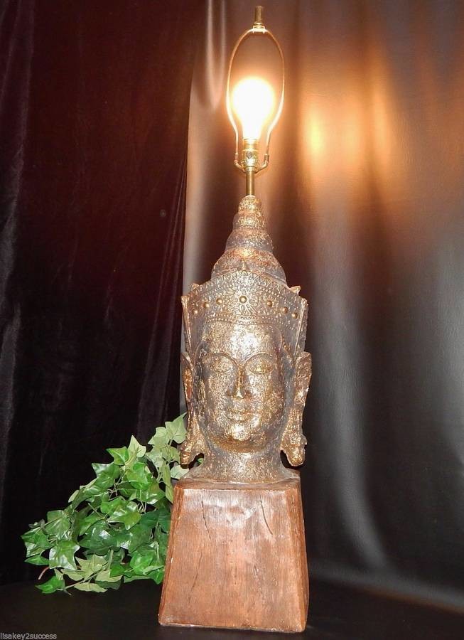 Huge 44" Vintage Mid-Century Buddha Head Sculpture Lamp on Wood Base, Rare