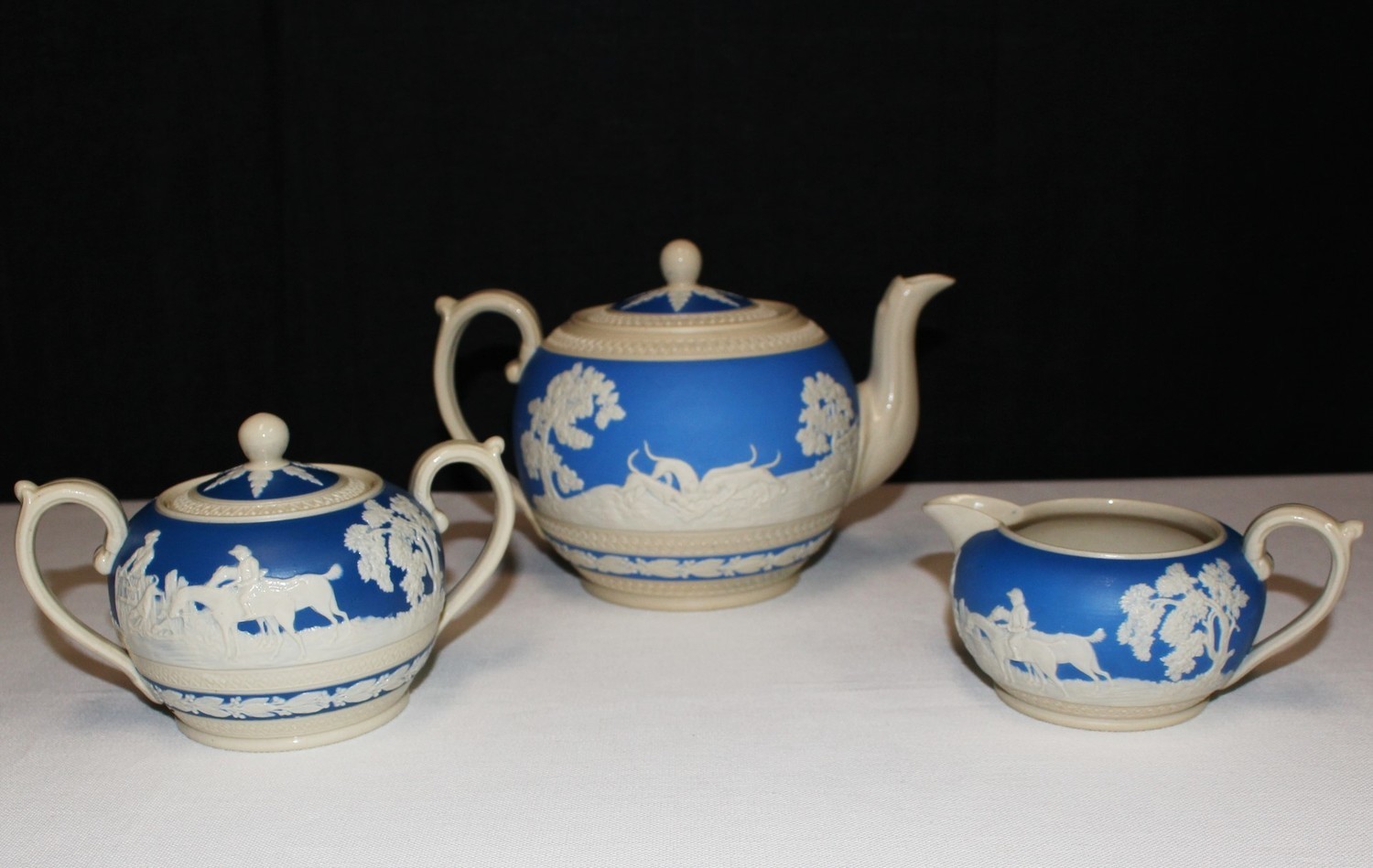 Copeland Spode Blue Fox Hunt Jasper-ware Teapot, Covered Sugar Bowl & Creamer