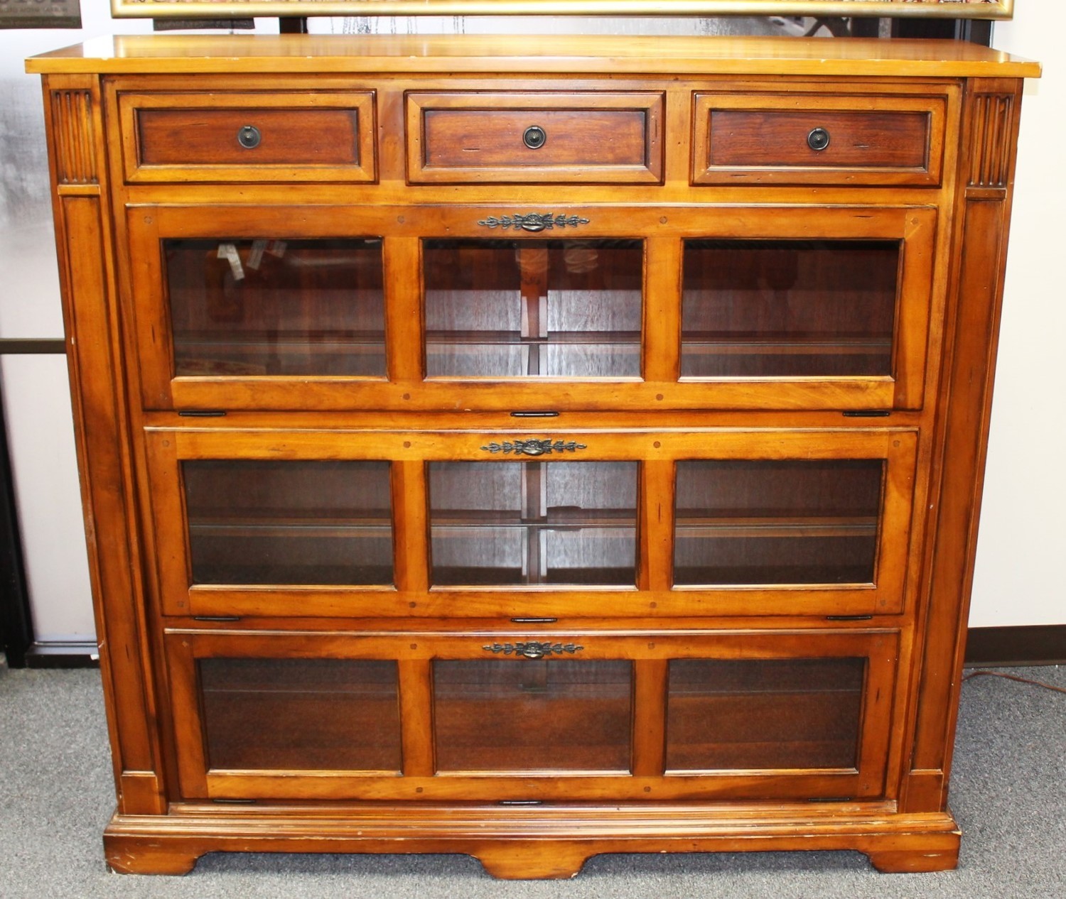 Vintage Barrister Lighted Bookcase Display Cabinet w/ Drop Down Glass Doors