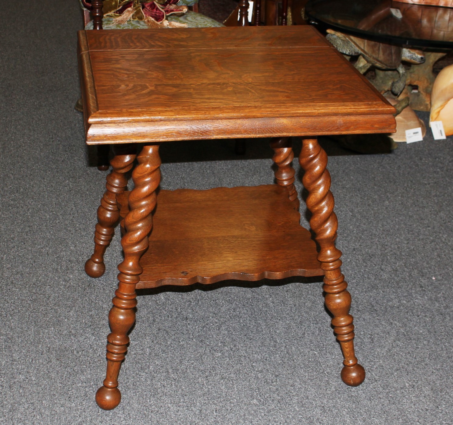 Antique English Oak Barley Twist Side Table Parlor Stand with Lower Shelf