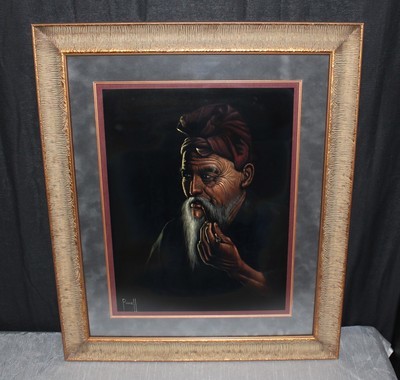 Oriental Man Smoking Pipe 29 x 35 Framed Oil on Velvet Painting, Signed Powell
