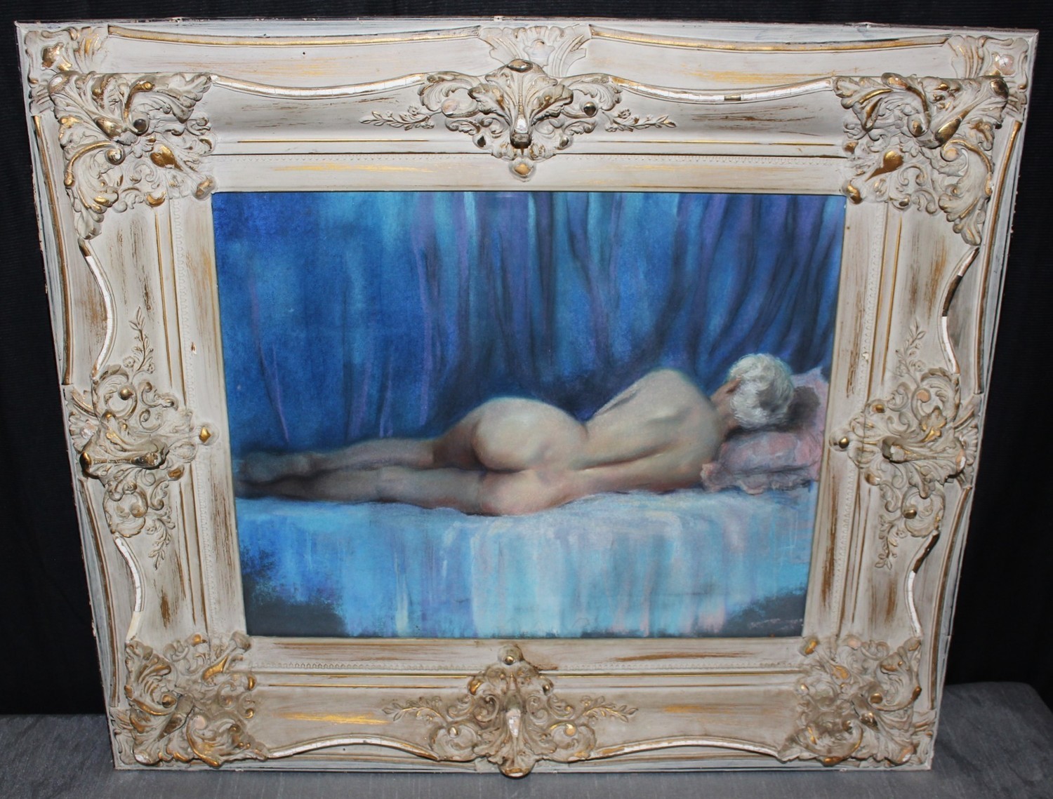 Antique Nude Lady Posing Oil Painting in Ornate 30 x 26 Frame